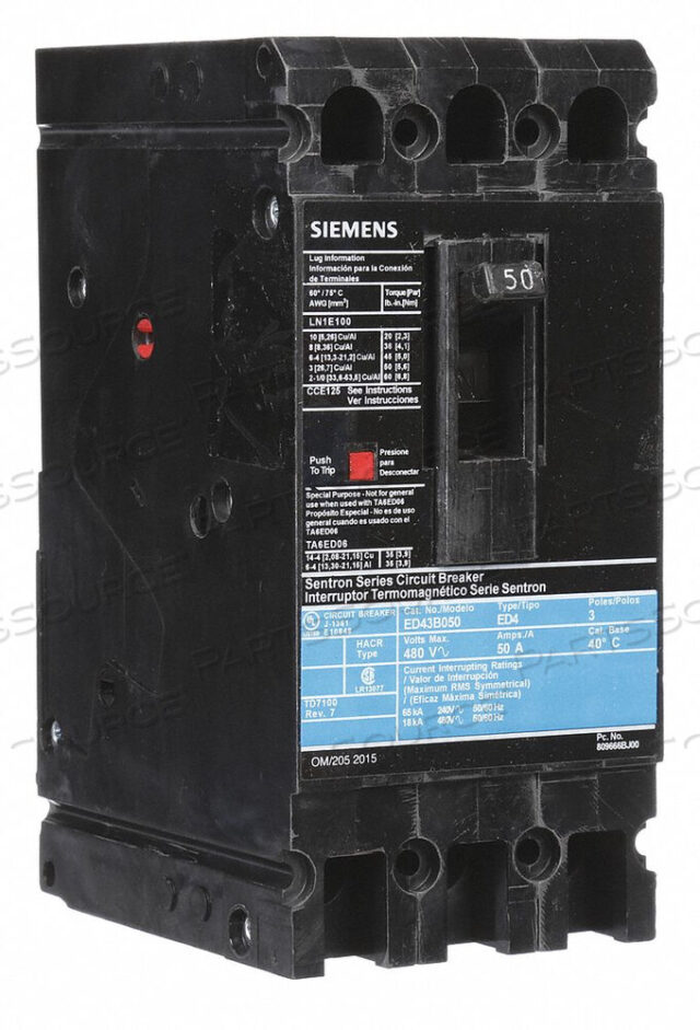 OEM#: ED43B050CIRCUIT BREAKER 50A 3P 480VAC ED4 by Siemens