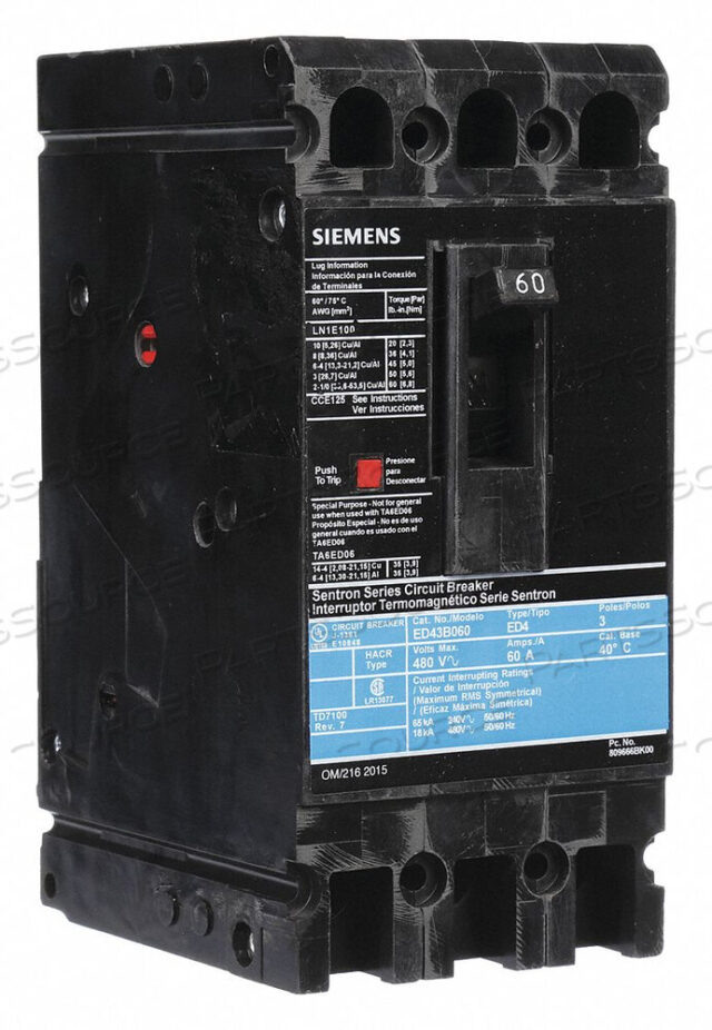 OEM#: ED43B060CIRCUIT BREAKER 60A 3P 480VAC ED4 by Siemens