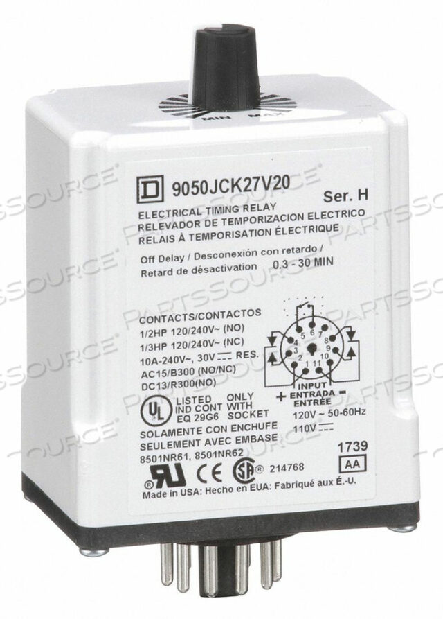 OEM#: 9050JCK27V20TIME DELAY RLAY 120VAC 10A DPDT 0.3 SEC. by Square D