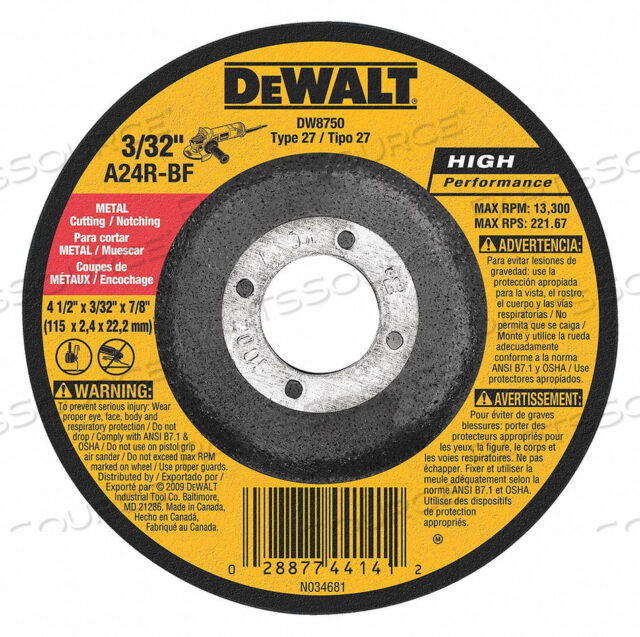 METAL CUTTING & NOTCHING WHEEL TYPE 27 4-1/2 DIA. 24 GRIT 24 GRIT