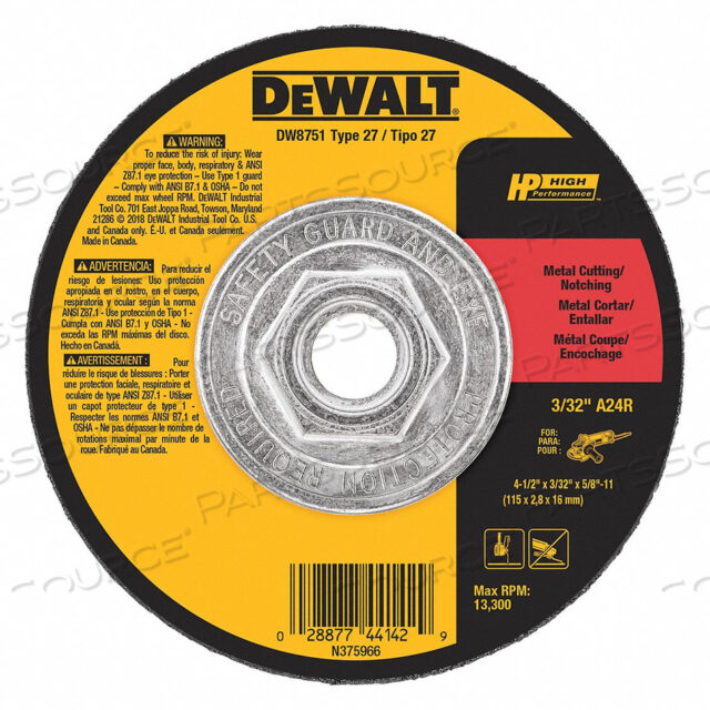METAL CUTTING & NOTCHING WHEEL TYPE 27 4-1/2 DIA. 24 GRIT ALUMINUM OXIDE