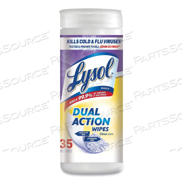 DUAL ACTION DISINFECTING WIPES, 7 X 7.5, CITRUS, WHITE/PURPLE, 35/CANISTER, 12 CANISTERS/CARTON