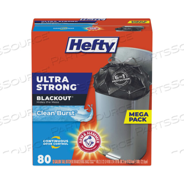 OEM#: E8-8353ULTRA STRONG BLACKOUT TALL-KITCHEN DRAWSTRING BAGS, 13 GAL, 0.9 MIL, 23.75 X 24.88, BLACK, 80 BAGS/BOX, 3 BOXES/CARTON by Hefty