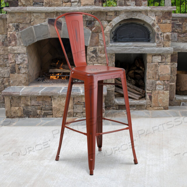 OEM#: ET-3534-30-RD-GGCINDY COMMERCIAL GRADE 30 HIGH DISTRESSED KELLY RED METAL INDOOR-OUTDOOR BARSTOOL WITH BACK by Flash Furniture