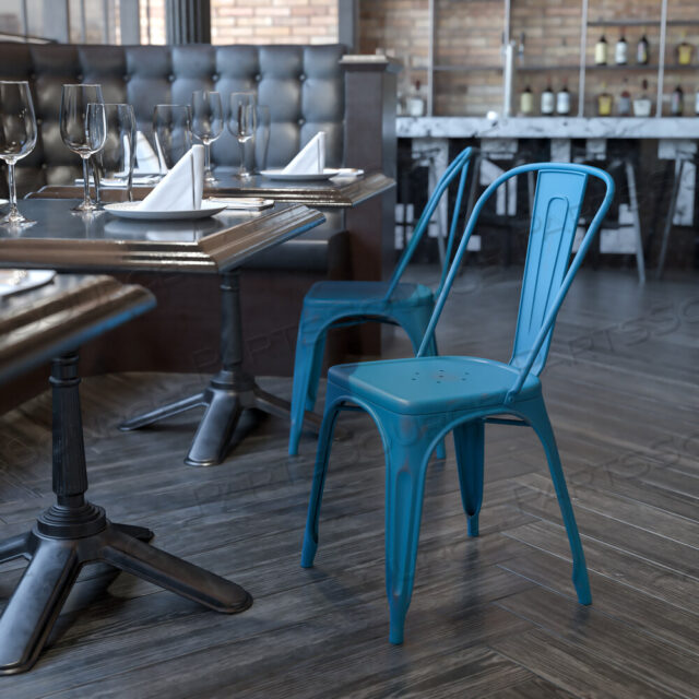 OEM#: ET-3534-AB-GGTENLEY COMMERCIAL GRADE DISTRESSED ANTIQUE BLUE METAL INDOOR-OUTDOOR STACKABLE CHAIR by Flash Furniture