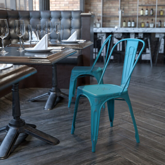OEM#: ET-3534-KB-GGTENLEY COMMERCIAL GRADE DISTRESSED KELLY BLUE-TEAL METAL INDOOR-OUTDOOR STACKABLE CHAIR by Flash Furniture