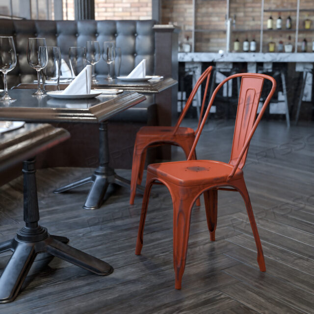 OEM#: ET-3534-RD-GGTENLEY COMMERCIAL GRADE DISTRESSED KELLY RED METAL INDOOR-OUTDOOR STACKABLE CHAIR by Flash Furniture