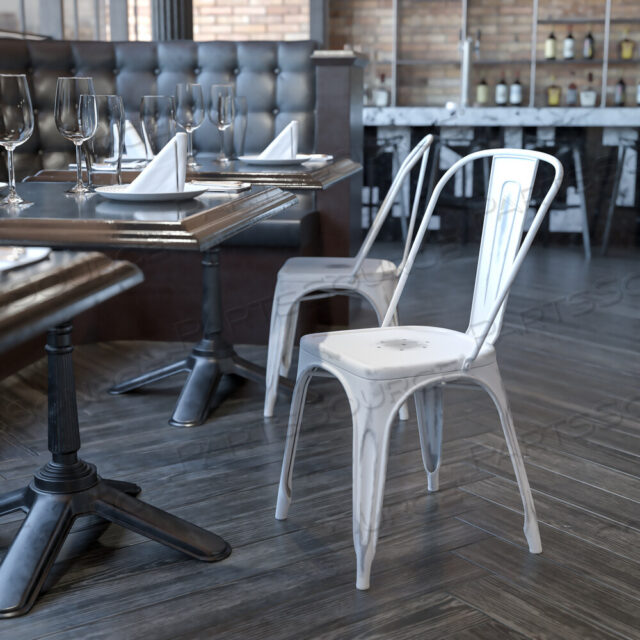OEM#: ET-3534-WH-GGTENLEY COMMERCIAL GRADE DISTRESSED WHITE METAL INDOOR-OUTDOOR STACKABLE CHAIR by Flash Furniture