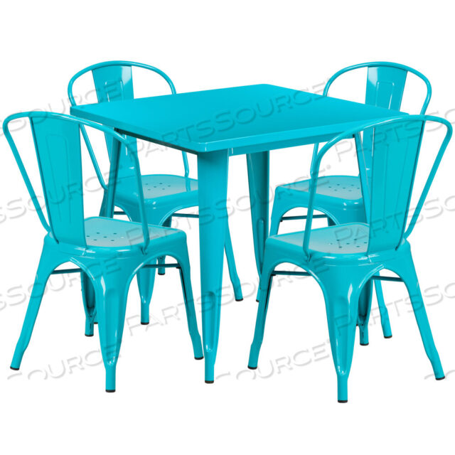 OEM#: ET-CT002-4-30-CB-GGFOSTER COMMERCIAL GRADE 31.5 SQUARE CRYSTAL TEAL-BLUE METAL INDOOR-OUTDOOR TABLE SET WITH 4 STACK CHAIRS by Flash Furniture