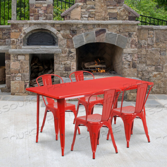 OEM#: ET-CT005-4-30-RED-GGDARCY COMMERCIAL GRADE 31.5 X 63 RECTANGULAR RED METAL INDOOR-OUTDOOR TABLE SET WITH 4 STACK CHAIRS by Flash Furniture
