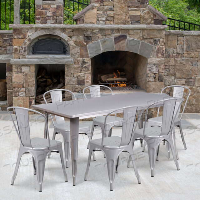 OEM#: ET-CT005-6-30-SIL-GGGILBERT COMMERCIAL GRADE 31.5 X 63 RECTANGULAR SILVER METAL INDOOR-OUTDOOR TABLE SET WITH 6 STACK CHAIRS by Flash Furniture