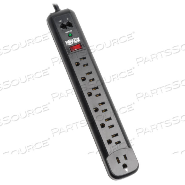 OEM#: TLP76RBTELSURGE PROTECTOR STRIP 120V RIGHT ANGLE 7 OUTLET RJ11 BLACK by Tripp Lite