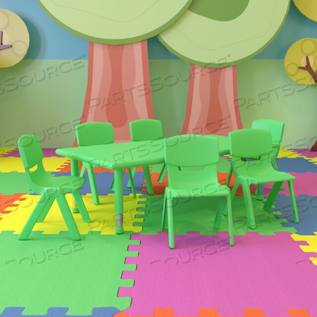 OEM#: YU-YCX-0013-2-RECT-TBL-GREEN-E-GGEMMY 24W X 48L RECTANGULAR GREEN PLASTIC HEIGHT ADJUSTABLE ACTIVITY TABLE SET WITH 6 CHAIRS by Flash Furniture