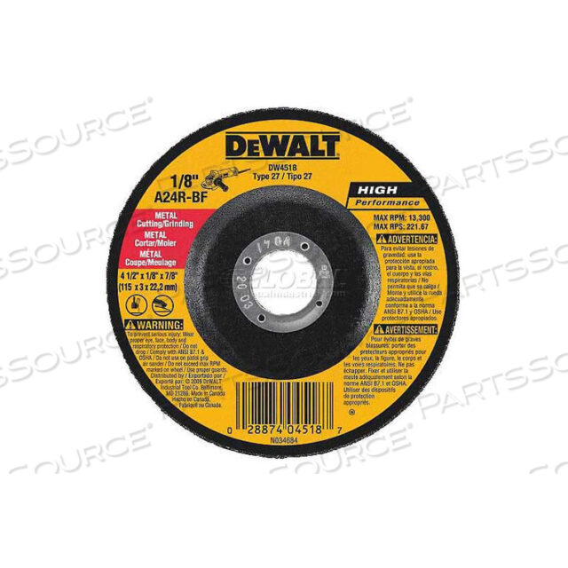 METAL CUTTING WHEEL TYPE 27 4-1/2 DIA. 24 GRIT ALUMINUM OXIDE