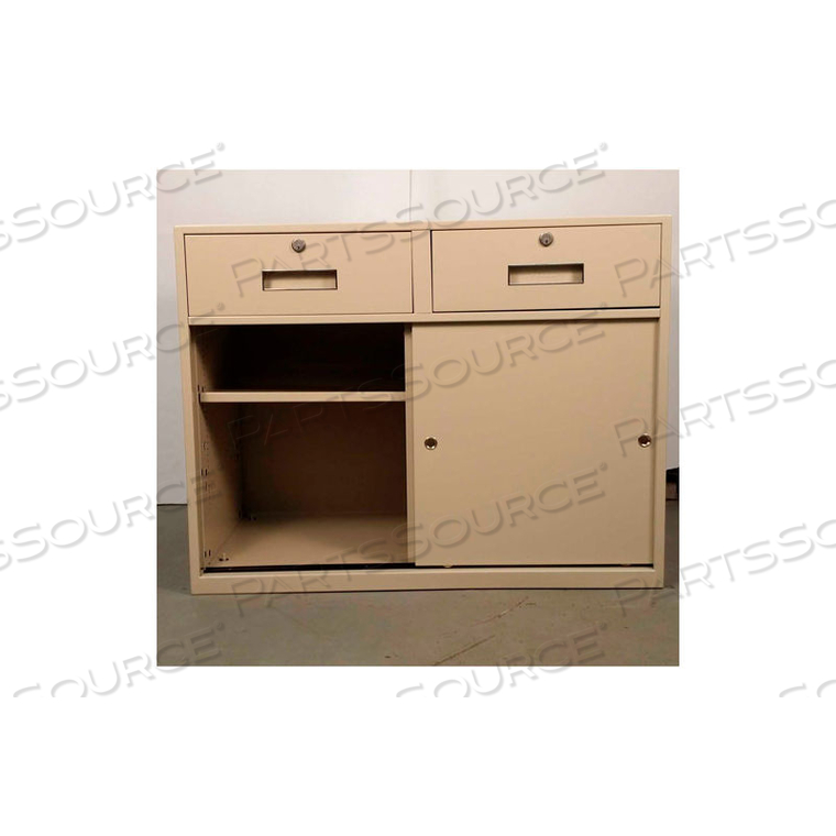 LOWBOY TELLER PEDESTAL CABINET - 2 DRAWERS SLIDING DOORS 36W X 19D X 27-7/8H GRAY