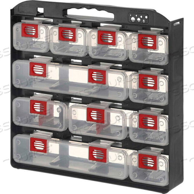 OEM#: 1010500SHOPSOL BIN COMPARTMENT CASE - 1 SIDED, 11 LOCKING BINS, 15-1/2L X 16W X 2-3/4H - BLACK by LDS Industries LLC