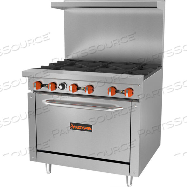SIERRA RANGE - RESTAURANT RANGE, 6 BURNERS, NATURAL GAS, OVEN, S/S, CAST IRON BURNERS