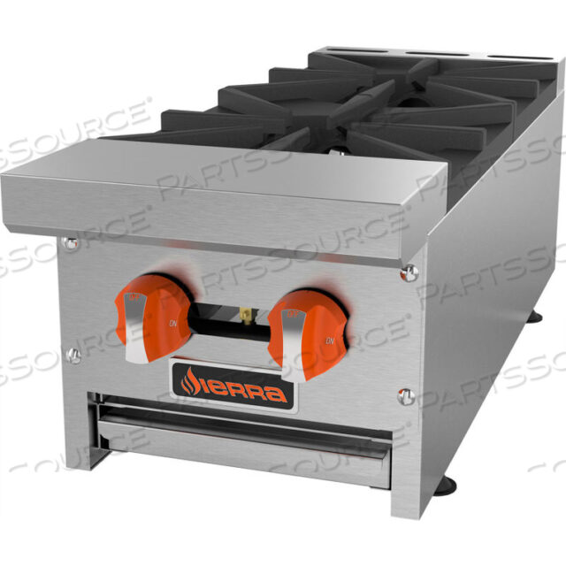SIERRA RANGE HOT PLATE, 12W, 2 BURNERS, 30,000 BTU EACH, MANUAL CONTROLS, STAINLESS STEEL