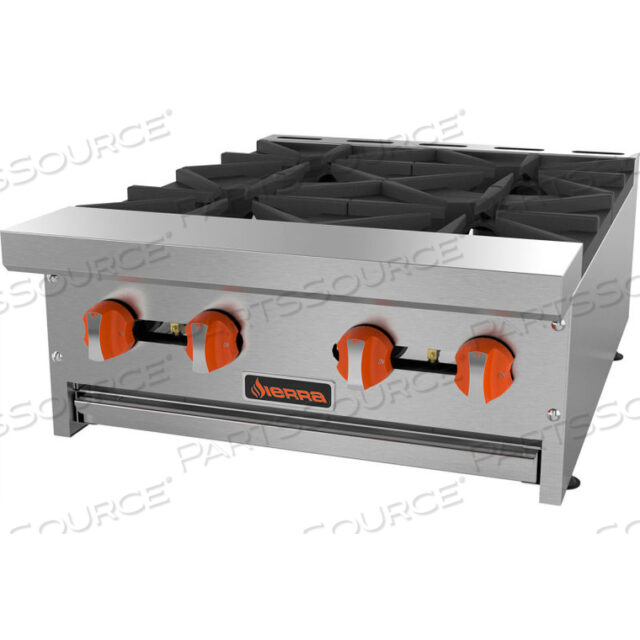 SIERRA RANGE HOT PLATE, 24W, 4 BURNERS, 30,000 BTU EACH, MANUAL CONTROLS, STAINLESS STEEL