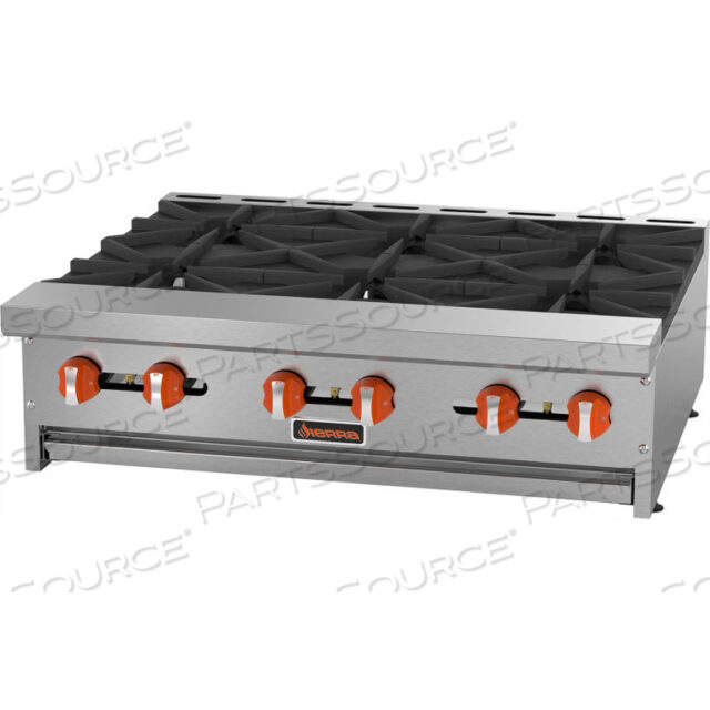 SIERRA RANGE HOT PLATE, 36W, 6 BURNERS, 30,000 BTU EACH, MANUAL CONTROLS, STAINLESS STEEL