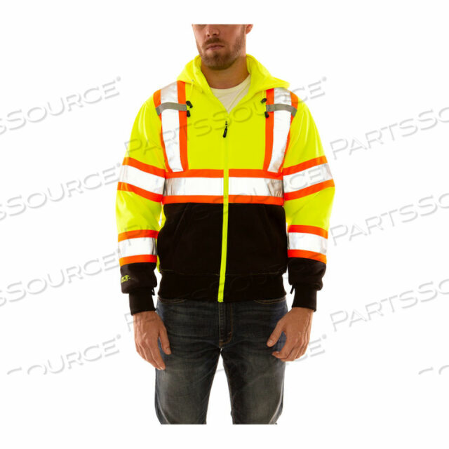 HI VIS SWEATSHIRT, DETACHABLE HOOD, ZIPPER CLOSURE, 2 POCKETS, FL LIME, LARGE