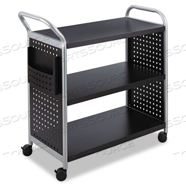 OEM#: 5339BLSCOOT THREE SHELF UTILITY CART, METAL, 3 SHELVES, 1 BIN, 300 LB CAPACITY, 31 X 18 X 38, BLACK/SILVER by Safco