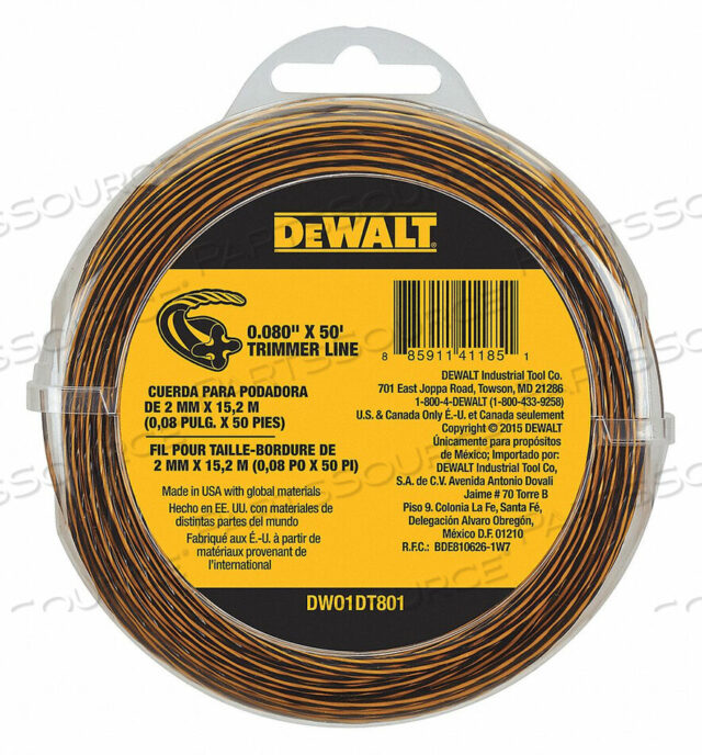 OEM#: DWO1DT801ЛЕСКА ДЛЯ ТРИММЕРА ДИАМЕТРОМ 0,080 ДЮЙМА 50 ФУТОВ от DeWalt