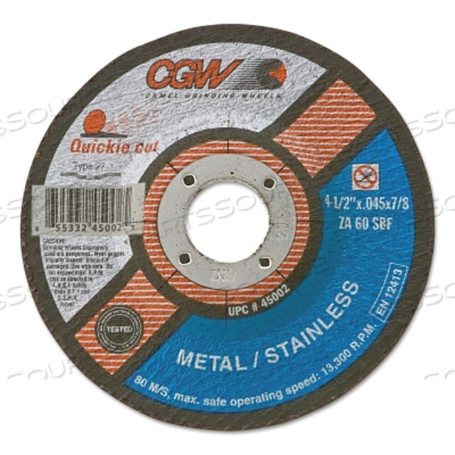 OEM#: 42005QUICKIE CUT EXTRA THIN TYPE 27 ОТРЕЗНОЙ КРУГ, ДИАМЕТР 5 ДЮЙМОВ, ОПРАВКА 7/8 ДЮЙМА, ЗЕРНИСТОСТЬ 60 от CGW Abrasives