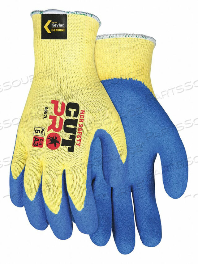 OEM#: 9687MFLEXTUFF KV, 10 GAUGE KEVLAR« SHELL, BLUE LATEX DIP PALM/FINGERS, TREATED W/ACTIFRESH, ANSI CUT A3, ABRASION 4, PUNCTURE 5, HEAT 4 by MCR Safety
