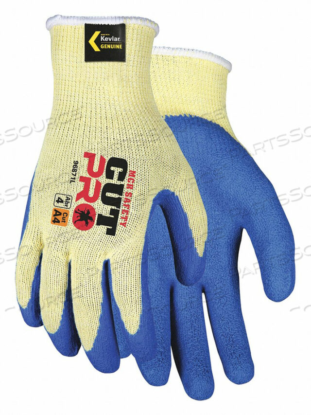 OEM#: 96871XLFLEXTUFF II KEVLAR, 10 GAUGE, KEVLAR« SHELL, СИНЕЕ ЛАТЕКСНОЕ ПОКРЫТИЕ ЛАДОНИ И КОНЧИКОВ ПАЛЬЦЕВ, ANSI CUT A4, ИСТИРАНИЕ 4 по безопасности MCR