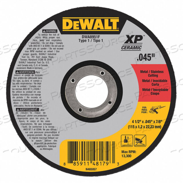OEM#: DWA8951FXP КЕРАМИЧЕСКИЕ МЕТАЛЛОРЕЖУЩИЕ КРУГИ ТИП 1 4-1/2 X 7/8 ОКСИД АЛЮМИНИЯ ЗЕРНИСТОСТЬЮ 60 от DeWalt