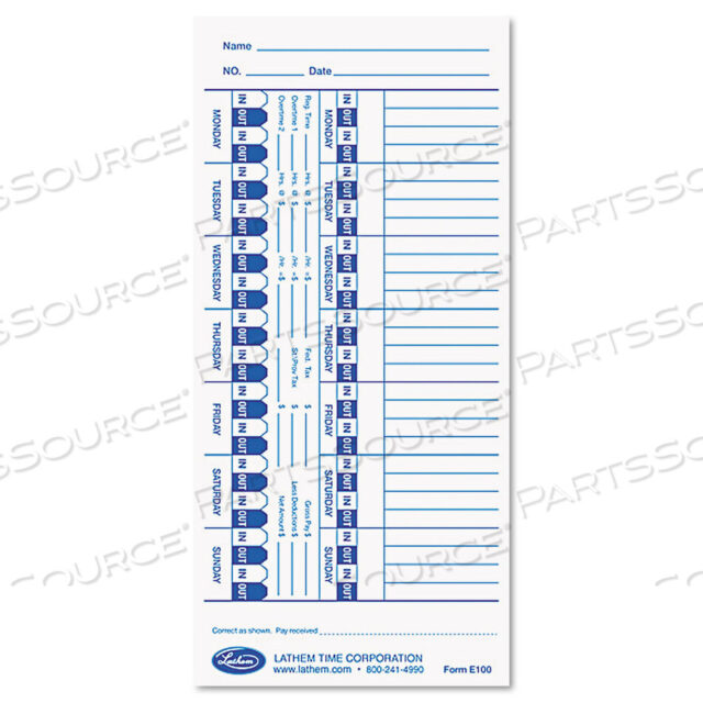 OEM#: E100 КАРТЫ ТАЙМЕРА ДЛЯ LATHEM TIME E SERIES, ОДНА СТОРОНА, 4 X 9, 100/УПАК от Lathem Time
