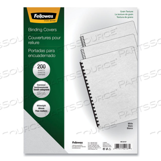 OEM#: 52137EXPRESSIONS CLASSIC GRAIN TEXTURE ПРЕЗЕНТАЦИОННЫЕ ОБЛОЖКИ ДЛЯ СИСТЕМ ПЕРЕПЛЕТЕНИЯ, БЕЛЫЕ, 11,25 X 8,75, НЕПЕРФОРИРОВАННЫЕ, 200 ШТ./УПАКОВКА от Fellowes