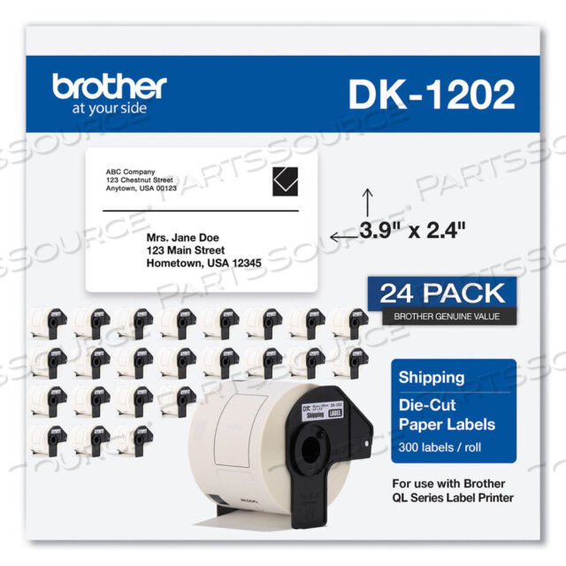 OEM#: DK120224PKЭТИКЕТКИ ДЛЯ ТРАНСПОРТИРОВКИ, ВЫРЕЗАННЫЕ ШТАМПОВКОЙ, 2,4 X 3,9, БЕЛЫЕ, 300 ЭТИКЕТОК/РУЛОН, 24 РУЛОН/УПАКОВКА от Brother