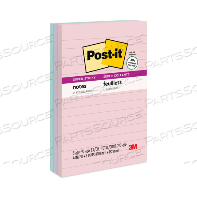 OEM#: 660-3SSNRPRECYCLED NOTES IN WANDERLUST PASTELS COLLECTION COLORS, NOTE RULED, 4 X 6, 90 SHEETS/PAD, 3 PADS/PACK by 3M Consumer
