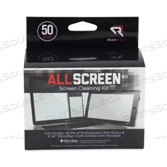 OEM#: RR15039НАБОР ДЛЯ ОЧИСТКИ ЭКРАНА ALLSCREEN, 50 ИНДИВИДУАЛЬНО УПАКОВАННЫХ ПРОПИТАННЫХ САЛФЕТОК, 1 САЛОНА ИЗ МИКРОФИБРЫ/КОРОБКА от Read Right