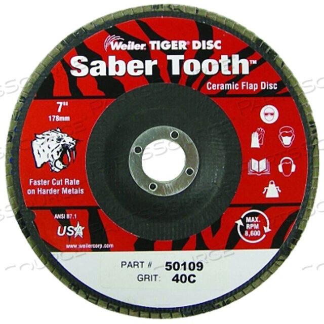 OEM#: 50109SABER TOTH КЕРАМИЧЕСКИЕ ЛЕПЕСТКОВЫЕ ДИСКИ, 7 ДЮЙМОВ, ЗЕРНИСТОСТЬ 40, Шлиц 7/8, 12 000 ОБ/МИН от Weiler
