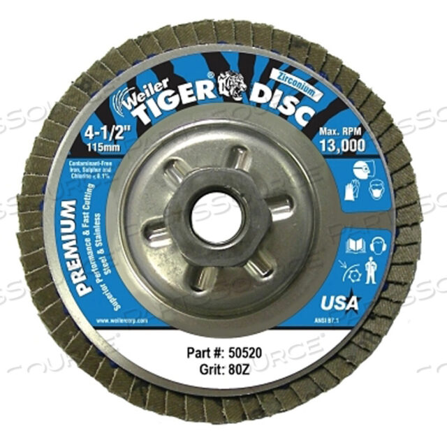 OEM#: 50520TIGER DISC ANGLED STYLE FLAP DISC, 4-1/2 ДЮЙМА ДИАМЕТРОМ, 80 GRIT, 5/8 ДЮЙМА-11, 13000 ОБ/МИН, ТИП 29 от Weiler
