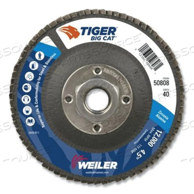 OEM#: 50808TIGER BIG CAT HIGH DENSITY FLAP DISC, 4-1/2 ДЮЙМА ДИАМЕТРОМ, 40 GRIT, 5/8 ДЮЙМА-11, 12000 ОБ/МИН, ТИП 27 от Weiler