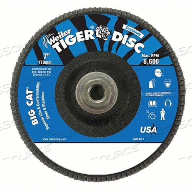 OEM#: 50844TIGER BIG CAT HIGH DENSITY FLAP DISC, ДИАМЕТР 7 ДЮЙМОВ, ЗЕРНИСТОСТЬ 60, 5/8 ДЮЙМА-11, 8600 ОБ/МИН, ТИП 27 от Weiler