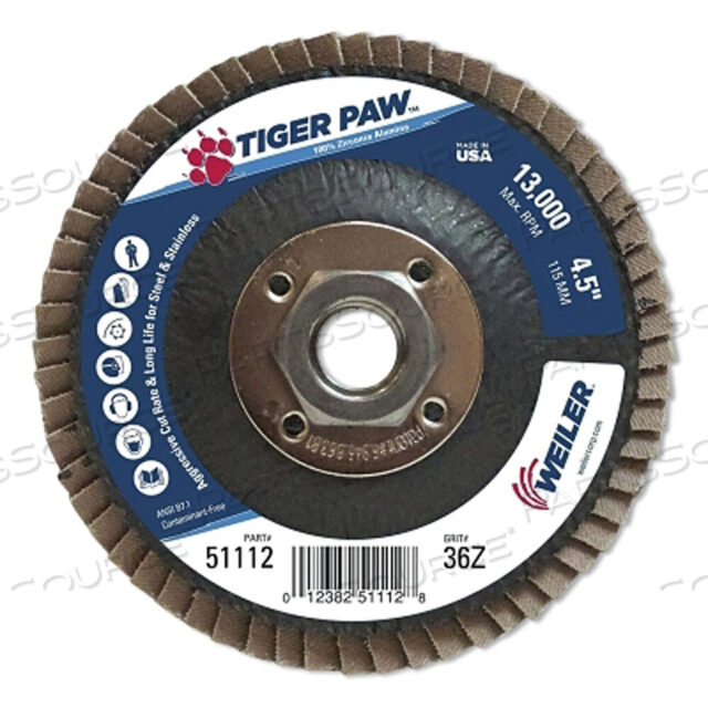 OEM#: 51112ШЛИФОВАЛЬНЫЕ ЛЕПЕСТКОВЫЕ ДИСКИ С ПОКРЫТИЕМ TIGER PAW, 4 1/2, ЗЕРНИСТОСТЬ 36, ШЛИФОВАЛЬНЫЙ ВАРИАНТ 5/8, ФЕНОЛЬНАЯ ОСНОВА от Weiler