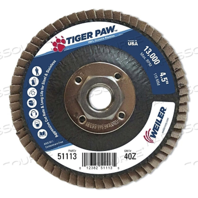 OEM#: 51113TIGER PAW ПОКРЫТЫЙ АБРАЗИВНЫЙ ЛЕПЕСТКОВЫЙ ДИСК, 4-1/2 ДЮЙМА, ЗЕРНИСТОСТЬ 40, ОСИЦЫ 5/8, ФЕНОЛЬНАЯ ОСНОВА от Weiler