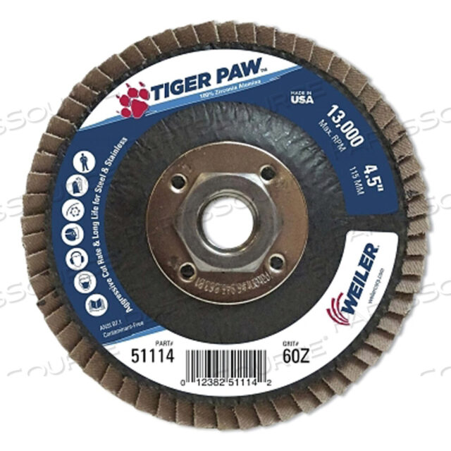 OEM#: 51114TIGER PAW ПОКРЫТЫЙ АБРАЗИВНЫЙ ЛЕПЕСТКОВЫЙ ДИСК, 4-1/2 ДЮЙМА, ЗЕРНИСТОСТЬ 60, 5/8 ДЮЙМА-11, 13000 ОБ/МИН, ТИП 27 от Weiler