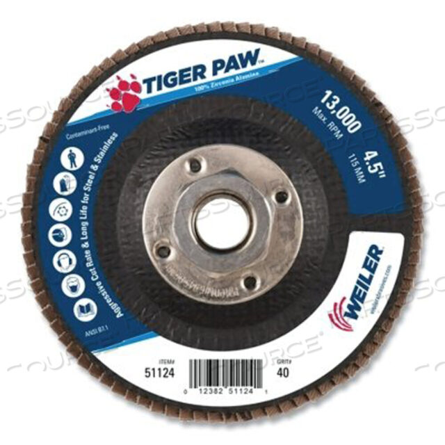 OEM#: 51124TIGER PAW TY29 ЛЕПЕСТКОВЫЙ АБРАЗИВНЫЙ ДИСК С ПОКРЫТИЕМ, 4 -1/2 ДЮЙМА ДИАМЕТРОМ, 40 ЗЕРНИСТОСТЬ, 5/8 ДЮЙМА-11, 13000 ОБ/МИН от Weiler