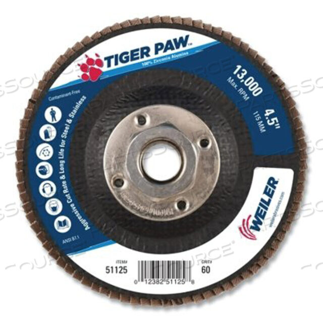 OEM#: 51125TIGER PAW TY29 ЛЕПЕСТКОВЫЙ АБРАЗИВНЫЙ ДИСК С ПОКРЫТИЕМ, ДИАМЕТР 4-1/2 ДЮЙМА, ЗЕРНИСТОСТЬ 60, 5/8 ДЮЙМА-11, 13000 ОБ/МИН от Weiler