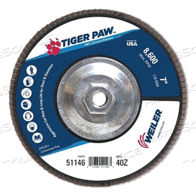 OEM#: 51146TIGER PAW TY29 ЛЕПЕСТКОВЫЕ ДИСКИ С ПОКРЫТИЕМ АБРАЗИВНЫМ, ЗЕРНИСТОСТЬЮ 7, 40, ШЛИФОВАЛЬНЫЙ ВАРИАНТ 5/8, 8600 ОБ/МИН от Weiler