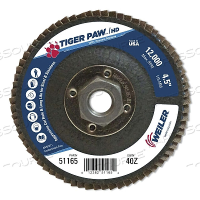 OEM#: 51165TIGER PAW СУПЕР ВЫСОКОЙ ПЛОТНОСТИ ЛЕПЕСТКОВЫЙ ДИСК, ДИАМЕТР 4-1/2 ДЮЙМА, ЗЕРНИСТОСТЬ 40, ОПРАВКА 5/8 ДЮЙМА-11, 12000 ОБ/МИН, ТИП 27 ПЛОСКИЙ от Weiler