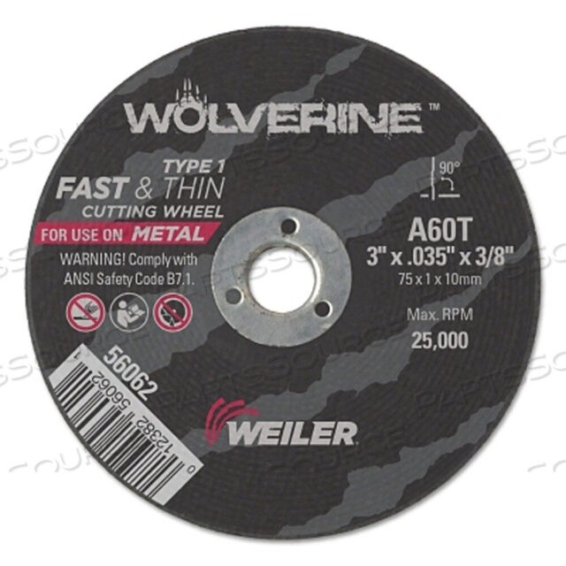 OEM#: 56062ОТРЕЗНОЙ КРУГ WOLVERINE FLAT TYPE 1, ДИАМЕТР 3 ДЮЙМА, ТОЛЩИНА 0,035 ДЮЙМА, ЗЕРНИСТОСТЬ 60, ОКСИД АЛЮМИНИЯ от Weiler