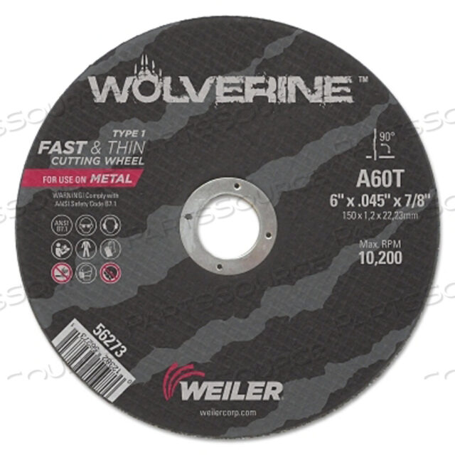OEM#: 56273WOLVERINE AO ПЛОСКИЙ ОТРЕЗНОЙ КРУГ ТИП 1, ДИАМЕТР 6 ДЮЙМОВ, ТОЛЩИНА 0,045 ДЮЙМА, ОПРАВКА 7/8 ДЮЙМА, ЗЕРНИСТОСТЬ 60 от Weiler