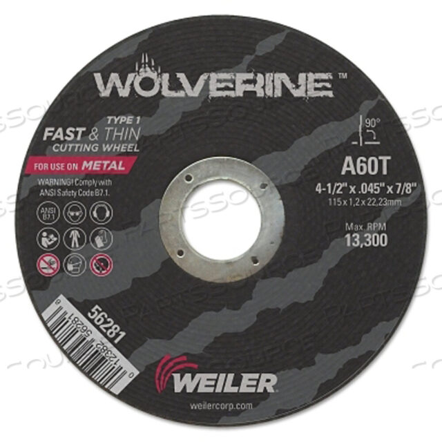 OEM#: 56281WOLVERINE AO ПЛОСКИЙ ОТРЕЗНОЙ КРУГ ТИП 1, ДИАМЕТР 4-1/2 ДЮЙМА, ТОЛЩИНА 0,045 ДЮЙМА, ОПРАВКА 7/8 ДЮЙМА, ЗЕРНИСТОСТЬ 60 от Weiler